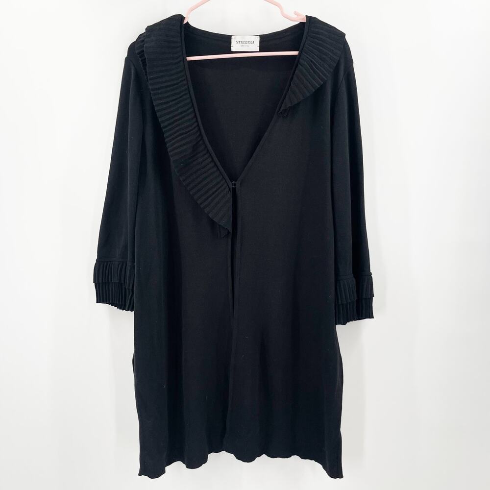 STIZZOLI Cardigan Size 50 (XXL) Sweater Black Made in Italy Asymmetrical Ruffle